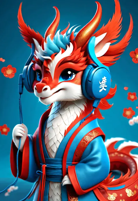 3d rendering, realistic fur, (red wallpaper), Simple modern style, beautiful wallpaper, magazine design style, portrait, half body portrait,
(A cute zodiac dragon，with an anthropomorphic avatar，Wearing big blue headphones，Smiling mischievously.) It tilted ...