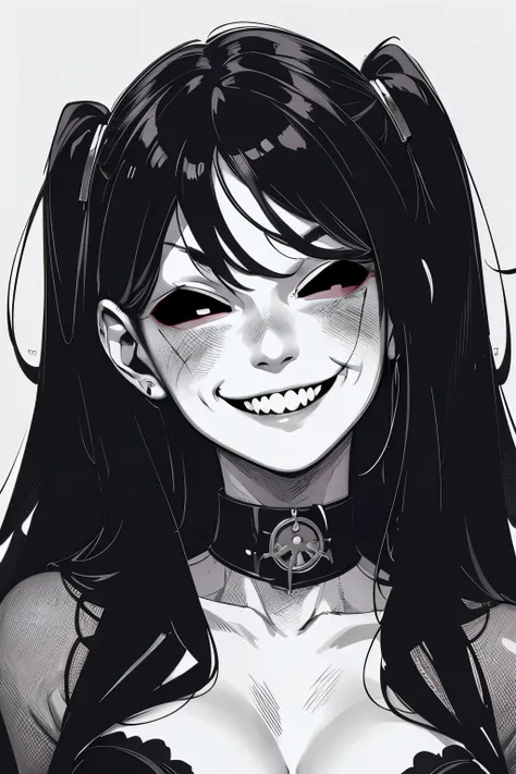 best quality, monochrome ink style drawing, manga girl, bad mood, jitome, crazy smile, black eyes, black mouth, huge-mouth, grin...