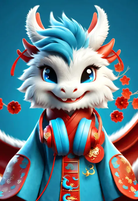 3d rendering, realistic fur, (red wallpaper), Simple modern style, beautiful wallpaper, magazine design style, portrait, half body portrait,
(A cute zodiac dragon，with an anthropomorphic avatar，Wearing big blue headphones，Smiling mischievously.) It tilted ...