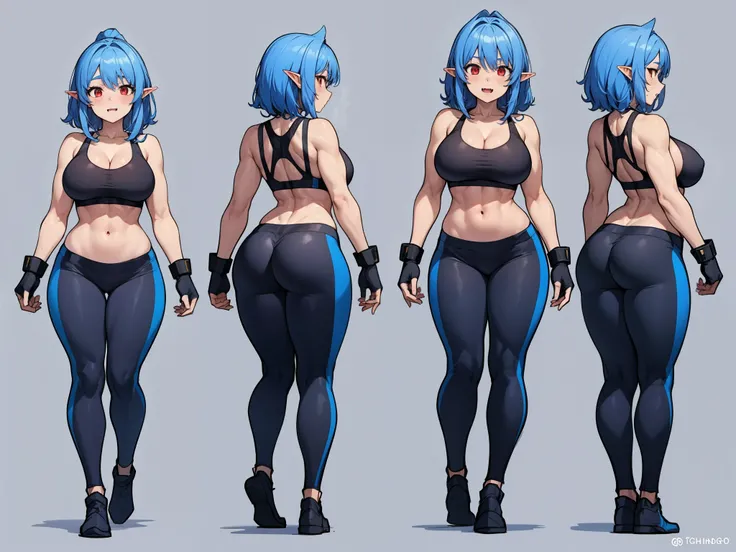 Dark elf woman, dark skin, red eyes, blue hair, fangs, huge breasts, long muscular shapely legs, combat gloves, tight sports bra, tight lycra pants, 8k, hd, masterpiece, white background, full body, character design sketch in various perspectives, rear, fr...