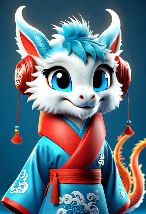 3d rendering, realistic fur, (red wallpaper), Simple modern style, beautiful wallpaper, magazine design style, portrait,
(Cute and anthropomorphic zodiac dragon), (Wearing blue headphones on head), (Smile playfully), It tilted its head slightly, Has big bl...