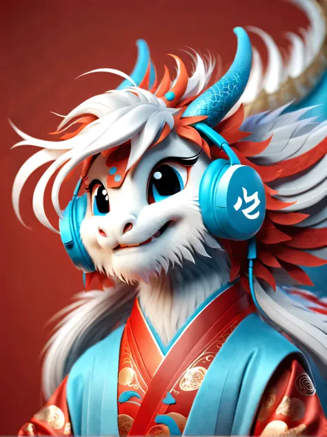 3d rendering, realistic fur, (red wallpaper), Simple modern style, beautiful wallpaper, magazine design style, portrait, half body portrait,
(A cute zodiac dragon，with an anthropomorphic avatar，Wearing big blue headphones，Smiling mischievously.) It tilted ...