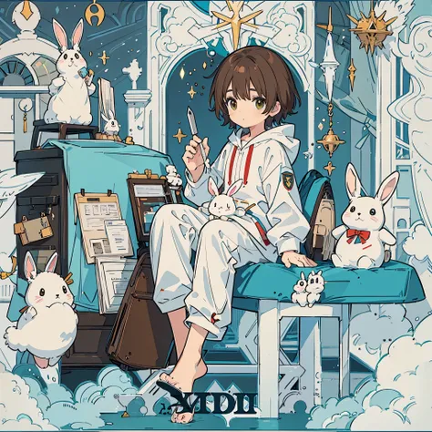 A small brown-haired boy wearing white pajamas is holding tools and building a cute robot.
The stuffed rabbits are watching. A s room with a lot of things.