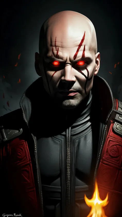 ((Mads Mikkelsen)) as Quan Chi from Mortal Kombat, solo, sorcerer and necromancer, bald head, pale skin, glowing red eyes, wears dark necromancer armor adorned with occult symbols, dark magic, intricate, high detail, sharp focus, dramatic, photorealistic p...