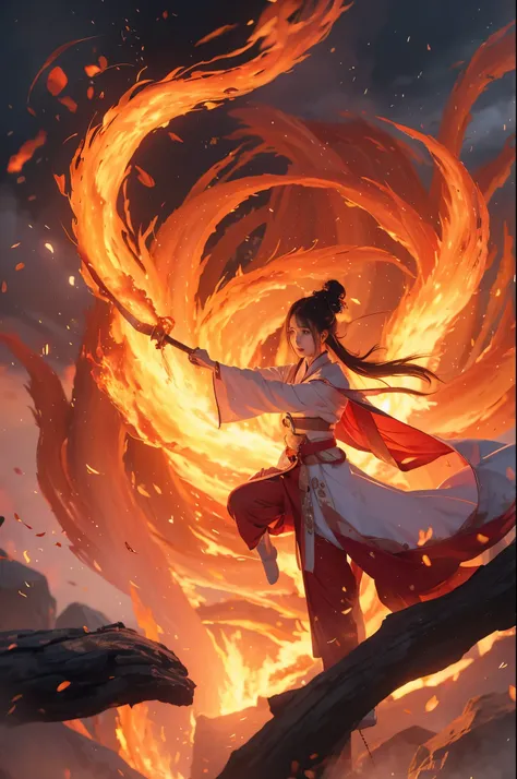 1girl，dynamic poses，fire焰女王，Hanfu，（Burning hair：1.5），（大量的fire焰：1.5），（手持fire焰长剑：1.5），（Slashing action：1.3），（蓝色的fire焰：1.5），（向上飘动的fire焰头发：1.5），fire，星fire，fire焰能量流动，双手掌心上漂浮的fire球，burning forest，fire焰魔法，The magic array under your feet，lifelike，Realistic，Ultra h...