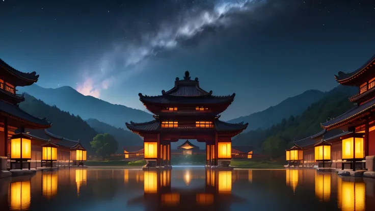 ((best quality)), ((masterpiece)), (detailed), landscape illustration，nobody，sky cities，night，Ultra high quality，ultra high resolution，Ultra high detail，Ancient architecture of the Tang Dynasty，lantern，A style with anime aesthetics，night view，Silver Moon，B...