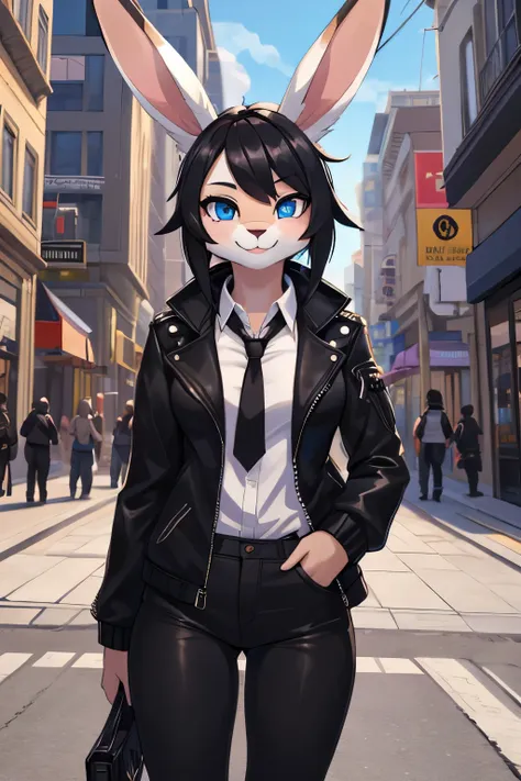 1girl, alone, masterpiece, young woman, furry, 2d, bunny, bunny ear, blue eyes, black hair, brown rabbit, bunny ear, corada, wea...