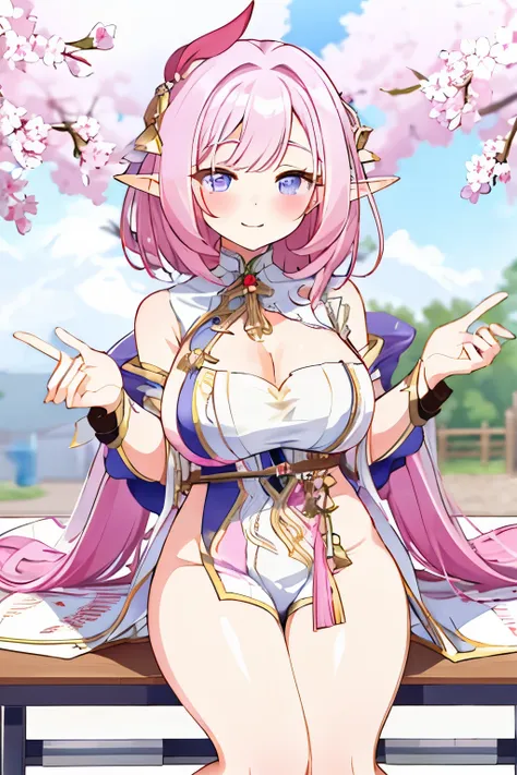 pink short hair，smile，cute，elf ears，spring festival costumes，image of school beauty with busty breasts。