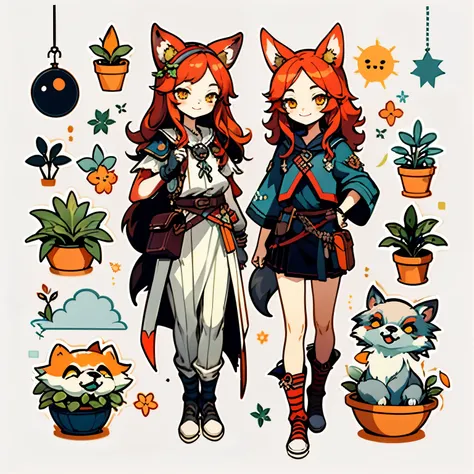 1 sticker, handbook, ( wolf girl, model, smile, fantasy clothing plant twigs, wolf ears on the head, long red hair, yellow eyes,...