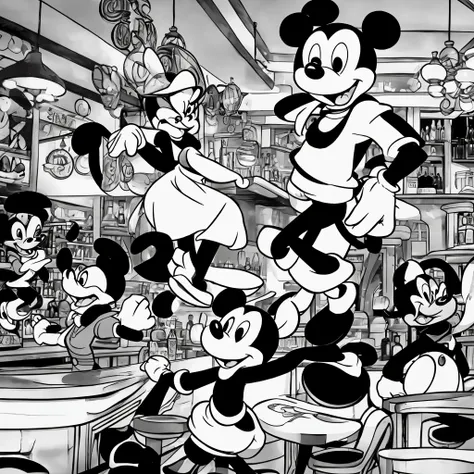 a back and white ink style character resembling 1928 mickey mouse is dancing with other cartoon characters in a bar, celebrating...