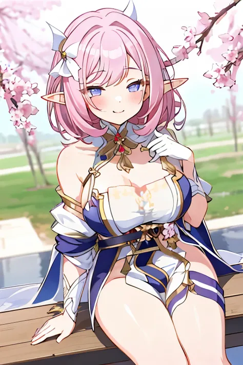 pink short hair，smile，cute，elf ears，spring festival costumes，image of school beauty with busty breasts。