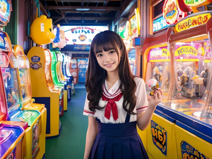 (8K, highest quality, masterpiece, ultra high resolution, super detailed:1.2) , Photo of Pretty Japanese girls,(mikey&#39;s ears:1.2),school uniform,smile and smile,
, (18-year-old:1.1), japanese idol,In the game center,(((A passageway with crane games on ...