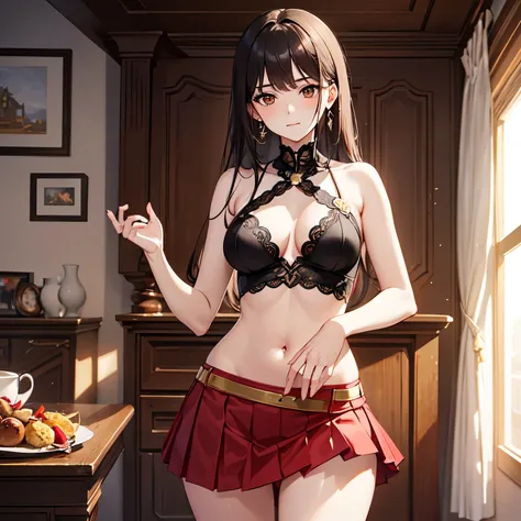 ((best quality)), ((masterpiece)), (detailed), perfect face， (masterpiece:1.2), (best quality:1.2), perfect eyes, perfect face, （1 girl：1.5）, alone, brown eyes, (medium breasts), Straight breasts, seductive look, （Red hip skirt：1.5）, （Stand in the room：1.5...