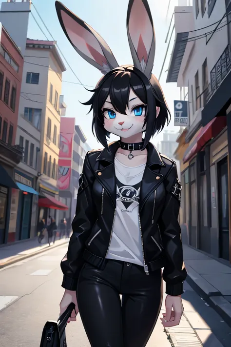 1girl, alone, masterpiece, young woman, furry, 2D, bunny, bunny ear, blue eyes, black hair, grey rabbit, grey fur, grey bunny, bunny ear, corada, wearing black jacket, black pants, white shirt, punk style, smiling, in a street, looking atr viewer, 4k, mast...