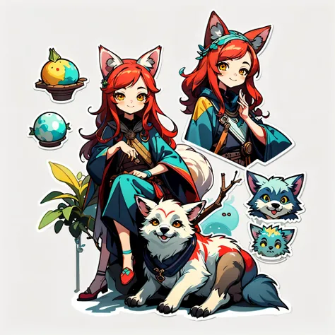 1 sticker, handbook, ( Wolf Girl, model, smile, fantasy clothing plant twigs, wolf ears on the head, long red hair, yellow eyes, Cool & Cool), on a white background, simple background, minimal, Cute, tiny, pastel color, vector style, No gradient,