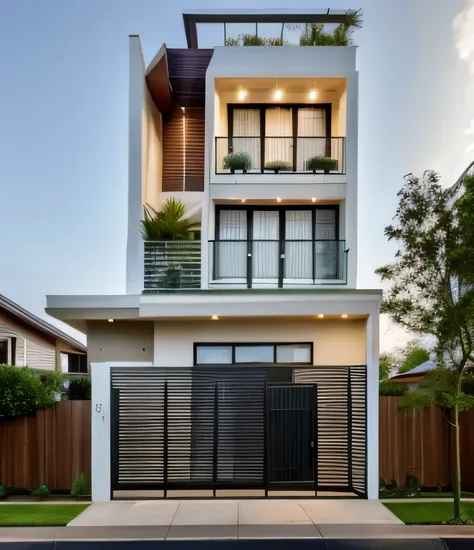 exterior of house, (canopy in house roof:1.2), mable decorations, (a road in front of house:1.3), tree, sky, cloud, morning weat...