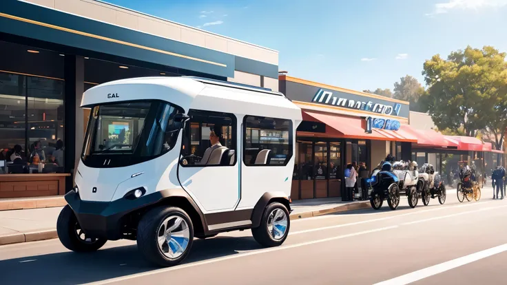 A futuristic, sleek four-wheeled cart, meticulously designed with clean lines and glossy surfaces, is parked in front of a bustling fast-food restaurant. The cart is being pulled effortlessly by two robotic horses, their metallic bodies gleaming in the sun...