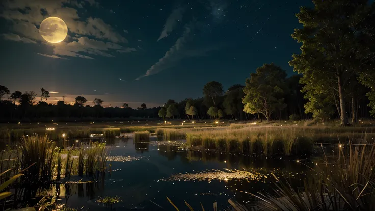 Swampland, reeds, evening, moonlight, fireflies, frogs, waves, highest definition