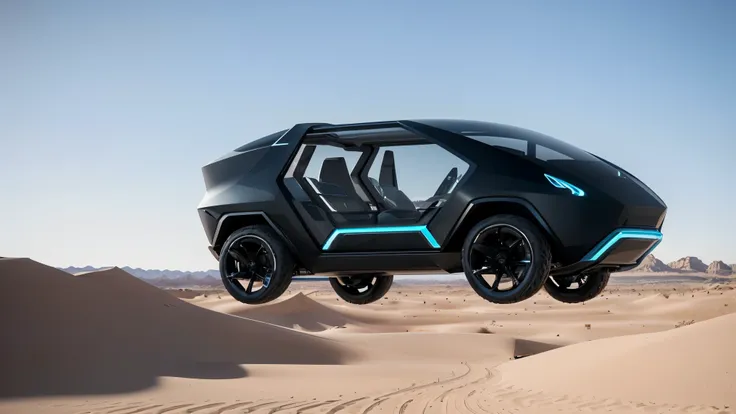 A futuristic, sleek cart (((no wheels))), meticulously designed with clean lines and glossy surfaces, The vehicle is suspended 1 metre above the ground of Nevada desert. The wide-angle lens captures the entire scene, accentuating the modern aesthetic of th...