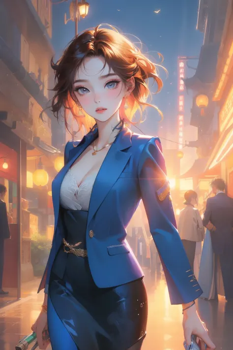 (Masterpiece, highest quality, high resolution, real: 1.3), (arms crossed in front), (breasts about to spill), (vivid colors, vivid colors, diffused lighting: 1.1), mature woman, office lady, formal, Suits, skirt suits, jackets, unbuttoned collared shirts,...