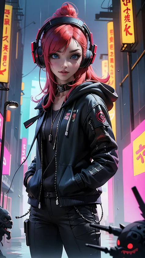 (La mejor calidad,A high resolution,Ultra - detallado,actual),Ariana Grande  night city, rain, red leather jacket, hands in pockets, black clothes, black pants, gothic accessories, spiked choker, red hair, blue eyes,(tiro vaquero ),( ciberpunk 2.1 ),(Bluet...