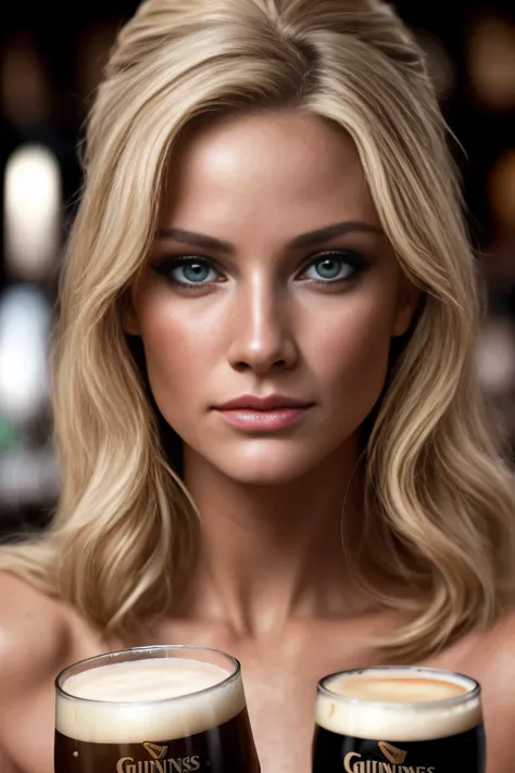 dramatic lighting, Highest quality, cinematic film still, ultra hot gorgeous woman Belle blonde portant un pull beige (in a café while drinking a pint of Guinness ), Very detailed, 23ans, visage innocent, wavy hair, Yeux verts, flirts with the camera, High...