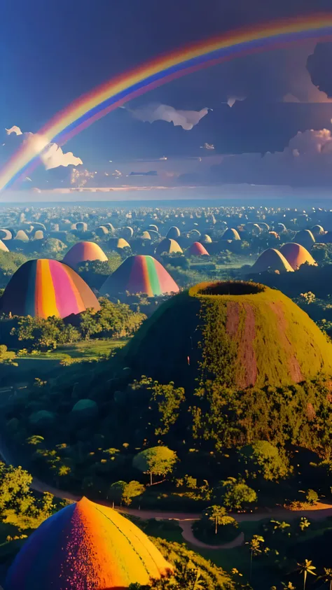 Chocolate Hills in the Philippines and rainbow in the sky