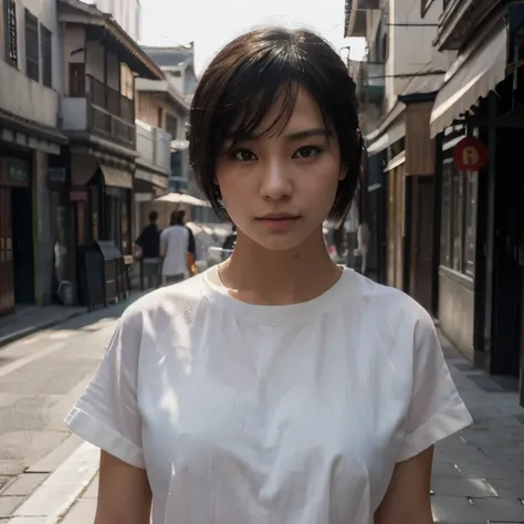 Best quality, masterpiece, ultra high res, (photorealistic:1.5), raw photo, 1girl, oriental chinesse, beautifull,cute,white shirt, street background , deep shadow, low key, cold light, sexy look, short hair