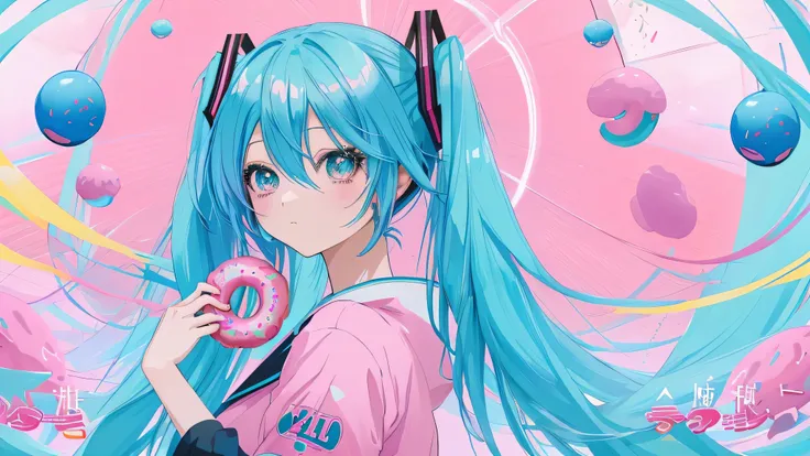 anime blue hair girl、hatsune miku、 and a pink wig with a donut, dreamy psychedelic anime, anime atmosphere, Decora style illustration, anime aesthetics, anime graphic illustration, Nightcore, teal hair anime girl, 2D anime style, intimidating look、Anime th...