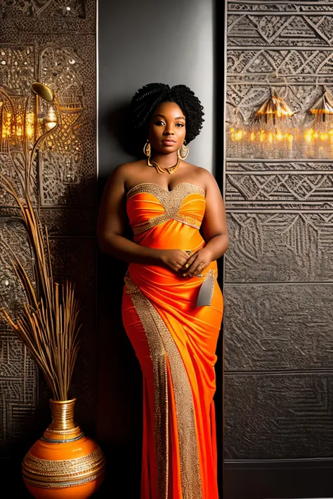 In the enchanting scene, a captivating Black Nubian woman poses confidently against a polished marble wall. Dressed in alluring traditional Nubian attire, her curves are accentuated, exuding an undeniable allure. The ambiance is moody and entrancing, with ...