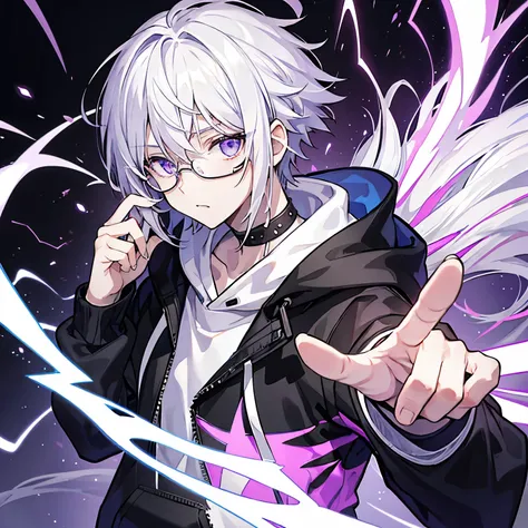 Man, white hair, light purple eyes, black hoodie, shock, glared, solo, in room