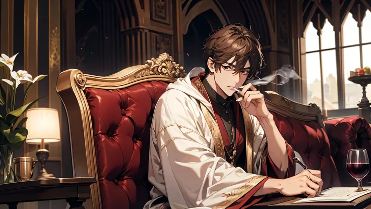 Best quality, most elaborate drawing, 1 man standing sitting on sofa, white robe, short brown hair, black eyes, handsome, reddish face, holding a wine glass in his hand, medieval times, It’s fine if that’s the case well, please convey his regards to the he...