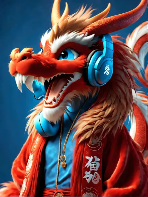 3d rendering, realistic fur, (red wallpaper), Simple modern style, beautiful wallpaper， close up,
Anthropomorphic zodiac dragon wearing big blue headphones is smiling mischievously, big blue eyes, Wearing red Hanfu, orange fur (looking at camera), And hip-...