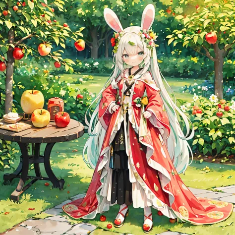 transparent watercolor、girl、Jewel Eyes,Beautiful arrangements and motifs、apple and rabbit motif、Delicious looking apples、rabbit apple、girl with rabbit ears、red and yellow image、Rabbit ears made of apples for girls、girl with a big fork、Usa apple image chara...