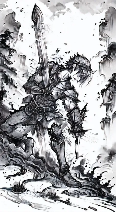 1boy, Guts from berserk, swordsman, holding a greatsword, Dragonslayer, ink painting, manga ink, black and white, hyperdetailed, extreme detail, ink splash, anger, fluid lines