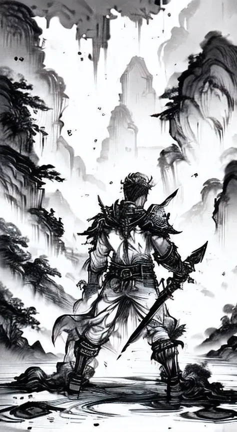 1boy, guts from berserk, swordsman, holding a greatsword, dragonslayer, ink painting, manga ink, black and white, hyperdetailed,...