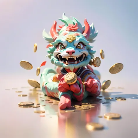 There is a statue of a small dragon，coins dropped from above, Rostland 8K, Lovely numbers, Lovely 3D rendering, Lovely and detailed digital art, The numbers are very detailed, trending in CG Society, CG Society 8k, CG Society 8k, CG Society 8 k, 3d render ...