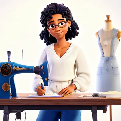 Uma Jovem Afro-Americana fazendo leitura de Moldes de Costura em um atelier de costura, estilo Disney Pixar, Alta Qualidade, Melhor Qualidade