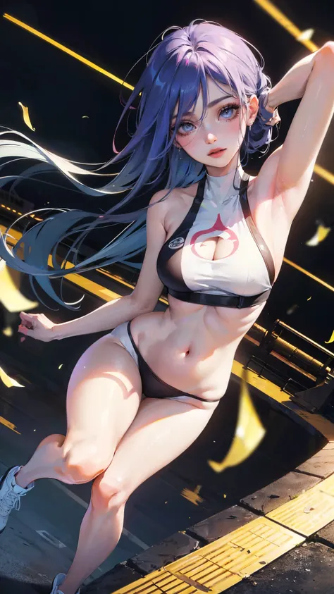 Jinx, Fleshy thighs, Instagram pose, Dynamic angle, Show armpits, Sportswear, C cup, Nipples, Happy expression, (Entire body image:1.5), (8K, Best quality, A high resolution:1.35), (RAW photo:1.2), (Photorealistic:1.37), (Masterpiece: 1.25), Dramatic light...