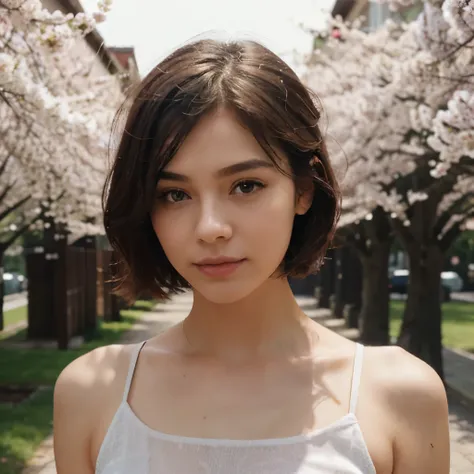 ((top-quality、8K、​masterpiece))、Extraordinary Beauty、cherry trees、Spring scenery、Short-cut hairstyles、Women in street、Spring  uniform、foco nítido、Beautiful woman with perfect body shape、Slim, tank top white,Highly detailed facial and skin texture、A detaile...