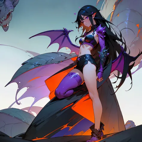 ((beautiful)), ((Masterpiece)), (intensely detailed)), ((perfect face)), ((in dragon armor)), ((dragon armor consists of a dragon bone bra, stockings, shorts)), ((full body dragon tattoo)), ((long black hair)), ((dragon wings behind)), ((front view)), ((pu...