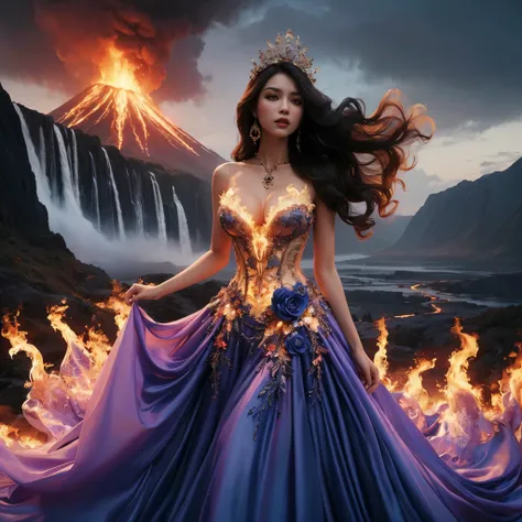 arafed woman with bustier gigantic breast in a flame corset and flame dress in front of a building, wearing an ornate outfit, ornate dress, intricate dress, elegant flame corset, ornate and elegant, extravagant dress, inspired by Hedi Xandt, ornate attire,...