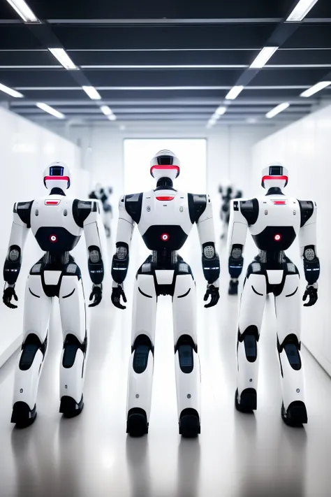 white future technology, white background, a row of men
 robot

