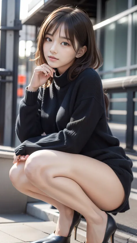 photo taken by a professional photographer，close-up of a woman squatting on the sidewalk with her legs crossed, kiko mizuhara, w...