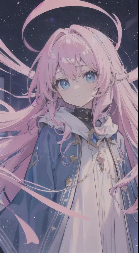 Long light pink slightly curly hair，sky blue eyes，Star，girl，Astrologer，dark tones