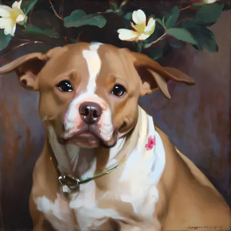 fully light tan pitbull with green eyes painting and flowers in the background