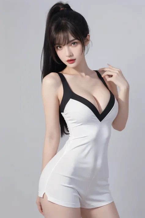 （lifelike， high resolution：1.3）， A slim girl， The face shape and eyes are super delicate，Black air bangs ponytail,red glossy lips,(beautiful face), (best quality), (Super detailed), (Extremely detailed CG unified 8k wallpaper),(Sexy slip dress),(White back...