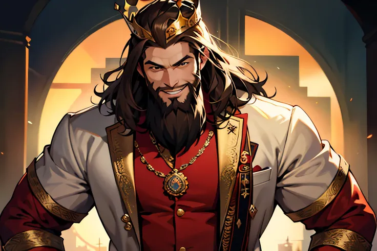 bearded king、powerful、muscular body、confident smile、crown、brown hair、highest quality, High resolution,