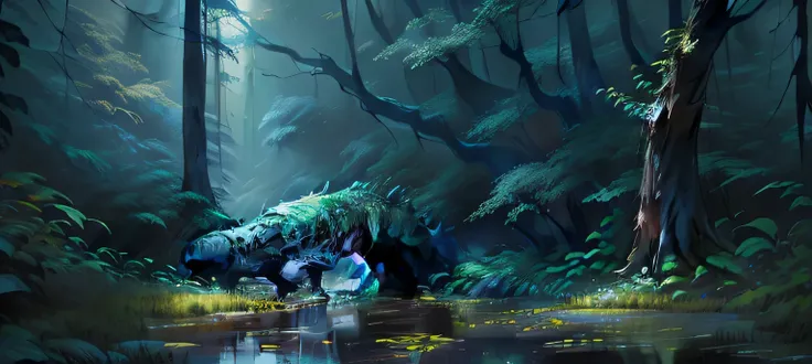 There is a painting of a swamp，There is a stream flowing through it, swamp atmosphere, swamp forest, dark swamp, background art品, moonlit forest environment, fantasy forest environment, Dark forest concept art, elf forest background, wet lands, fantasy for...