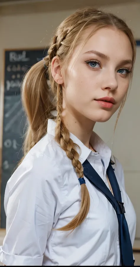 Beautiful skinny girl, elongated face and thin chin, freckles, blonde, braided hair, blue eyes,bold red lipstick and Extra eyeliner, white skin, school girl uniform, in the school, ponytail hair